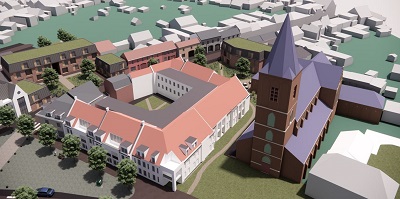 Blik op de schetsideeën voor Aan de Platz en Beekstraat-Noord van boven vanaf het Wilhelminaplein 